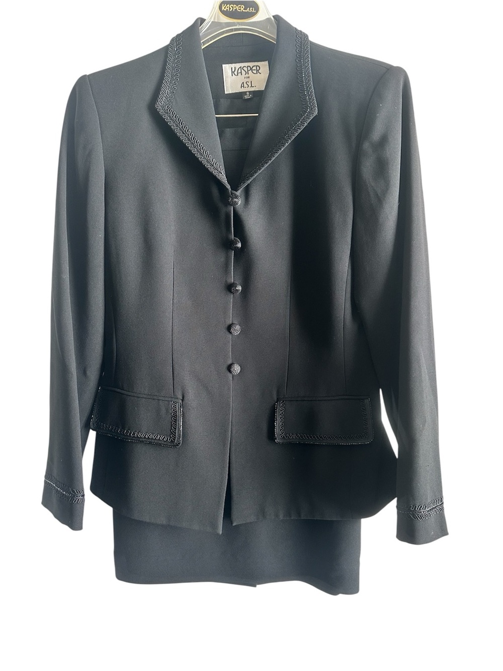 Kasper Black Women's Two-Piece Skirt Suit with Braided Trim Size 6